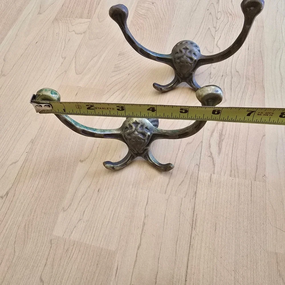 Vintage Cast Metal Wall Hooks Set of 2 Ornate 4-Prong Coat Hat Rack Aged Brass